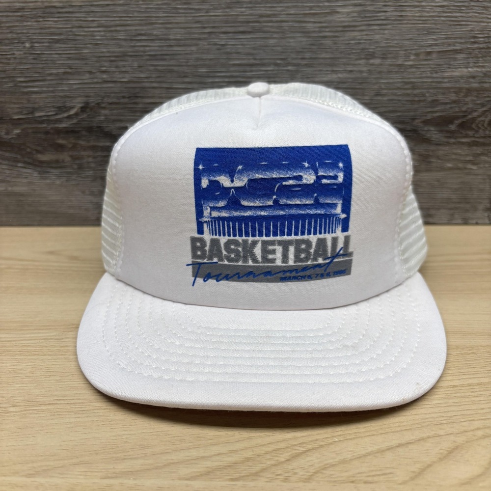 Vintage PC22 Basketball Tournament Hat Cap Snap Back White Mesh Trucker Mens 80s